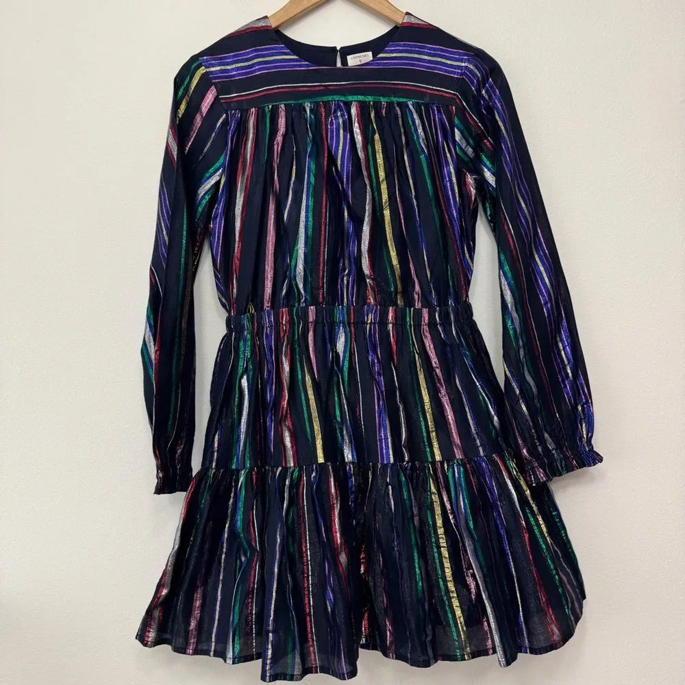 Girls' Puff-sleeve Dress In Metallic Rainbow Stripe Size 14
